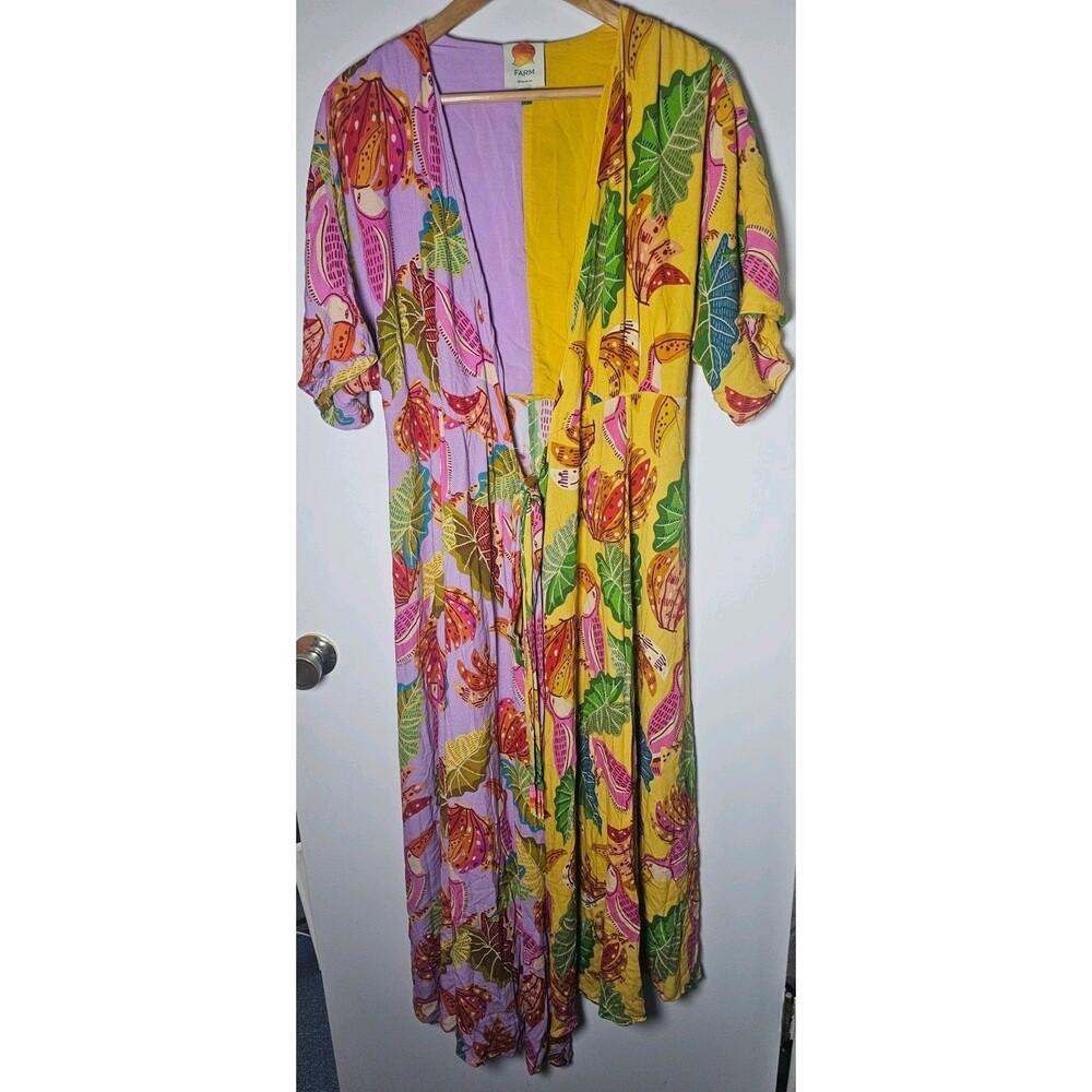 Farm Rio Size Small Mixed Beaks & Bananas Tropical Floral Maxi Wrap Dress Multi